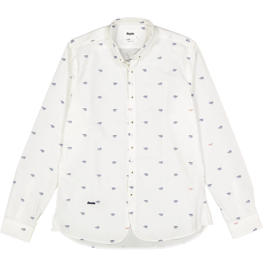 brava fabrics camicia manica lunga con stampre osaka fugu colore bianco